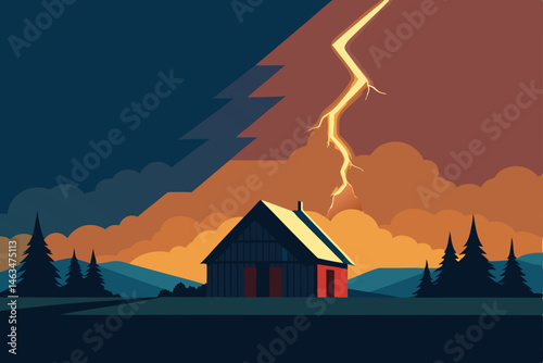 lightning striking behind farmhouse