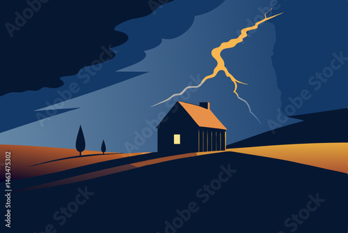 lightning striking behind farmhouse