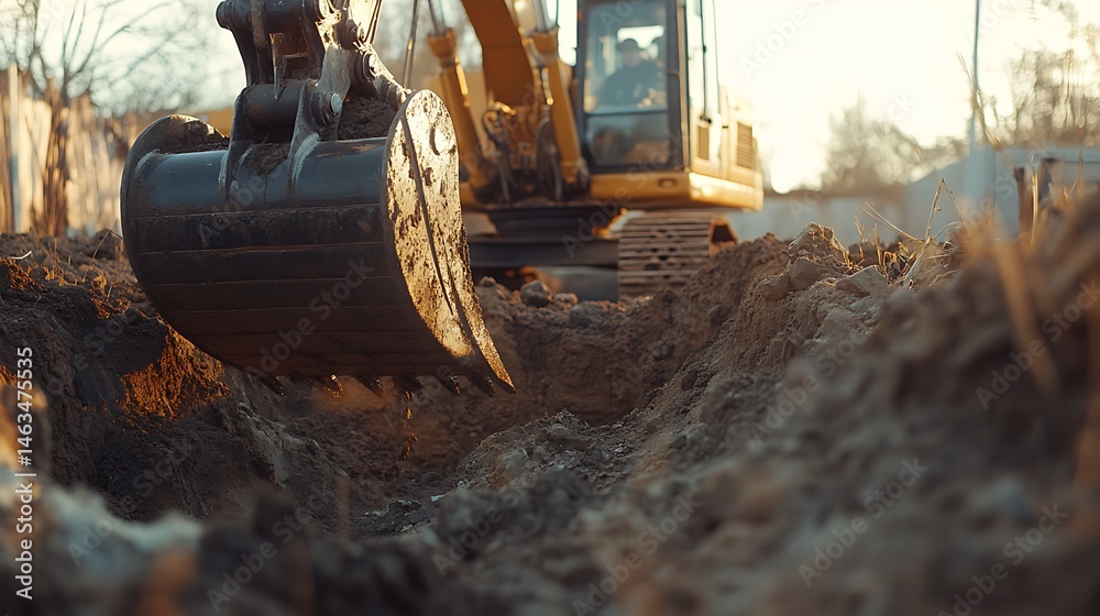 Fototapeta premium Excavator Digging a Trench in Construction Site