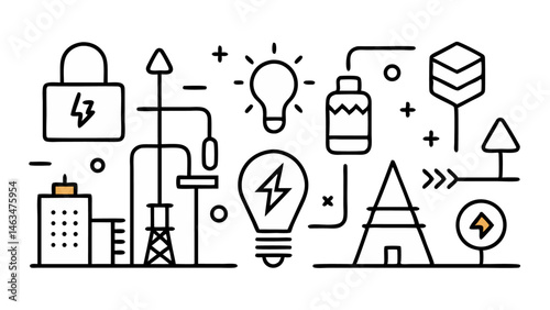 Power and electricity themed linear line icons ideal for technical services or digital utilities featuring symbols for energy circuits and electrical tools