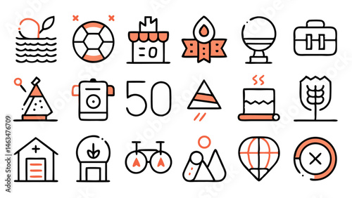 Leisure and recreation themed icon set in a linear format showcasing hobbies games outdoor fun fitness and lifestyle activities for content and media use