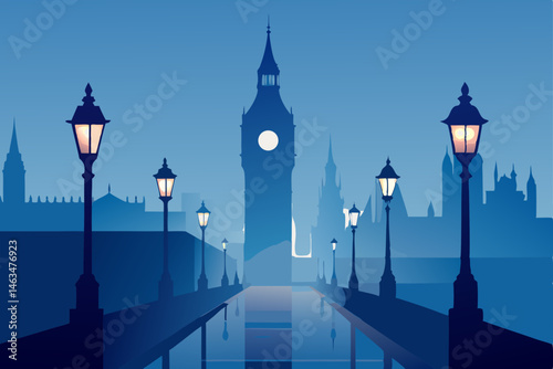 london s big ben with fog and glowing street lamps 