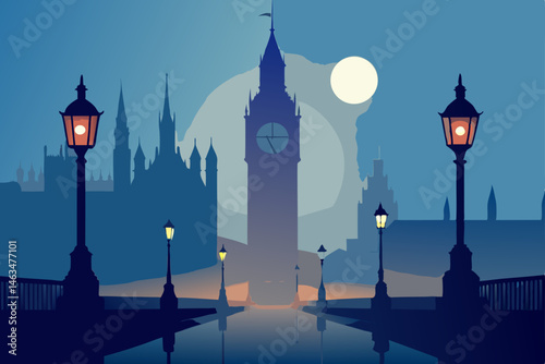 london s big ben with fog and glowing street lamps