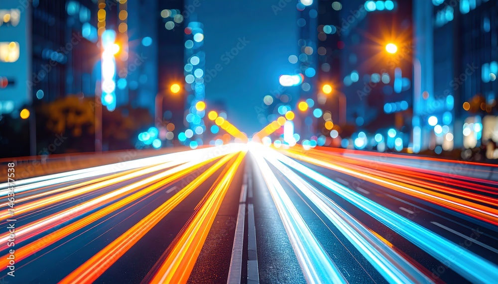 A vibrant cityscape at night, showcasing streaks of colorful lights from moving vehicles, creating a dynamic and lively atmosphere A vibrant cityscape at night, showcasing streaks of colorful lights from moving vehicles, creating a dynamic and lively atmosphere