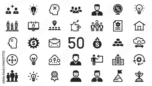 Effective icon set featuring essential soft skills such as leadership teamwork problem solving and communication designed in a clean linear style for HR and business use