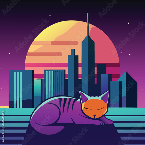 Vector illustration of two cute black cat silhouettes on a dark roof with a bright full moon and stars in the night sky, perfect for Halloween