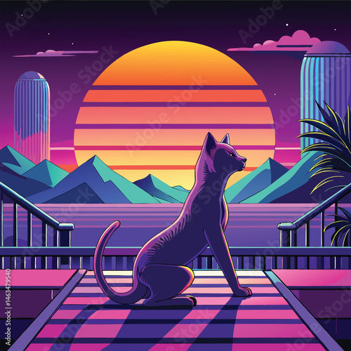 Vector illustration of two cute black cat silhouettes on a dark roof with a bright full moon and stars in the night sky, perfect for Halloween
