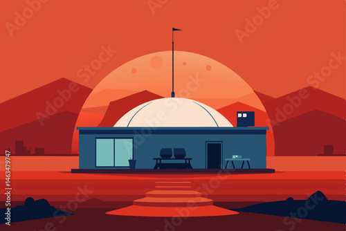 martian colony office with red terrain outside 
