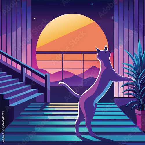 Vector illustration of two cute black cat silhouettes on a dark roof with a bright full moon and stars in the night sky, perfect for Halloween
