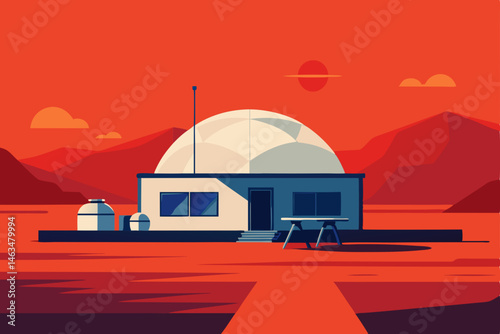 martian colony office with red terrain outside 