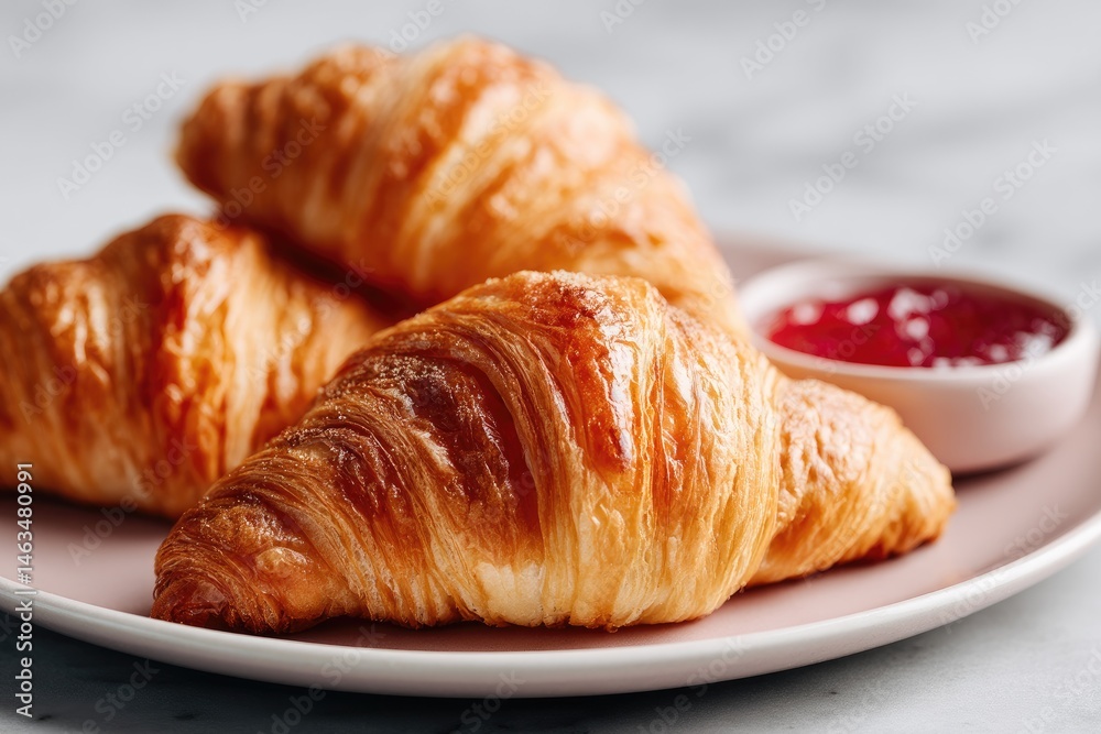 Close-up of three golden croissants on a plate with jam. Close-up of three golden croissants on a plate with jam.