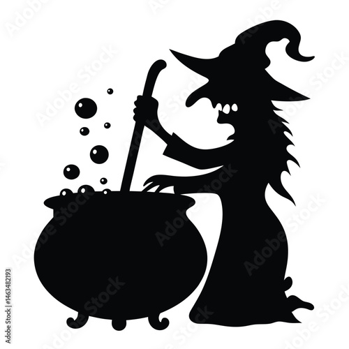 Cartoon Halloween witch woman with broom, hat, and pot silhouette vector illustration design