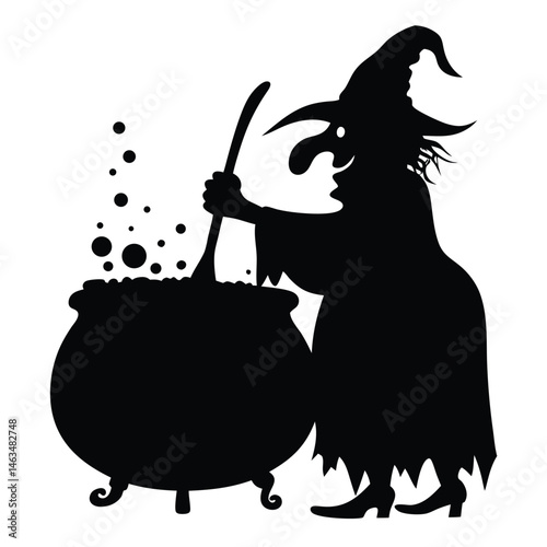 Cartoon Halloween witch woman with broom, hat, and pot silhouette vector illustration design