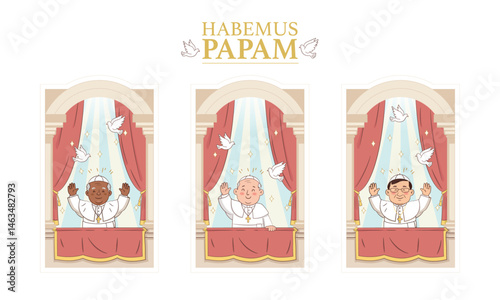 Conceptual illustration featuring three papal figures of different ethnicities (African/Afro-descendant, Caucasian/European, and Asian) waving from balconies, under the slogan "Habemus Papam."