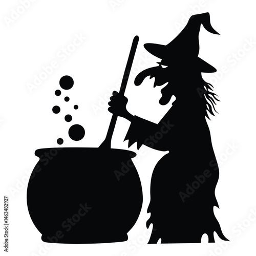 Cartoon Halloween witch woman with broom, hat, and pot silhouette vector illustration design