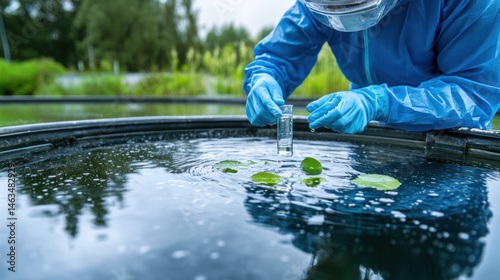 Scientist collecting water sample from a pond aquatic plant research