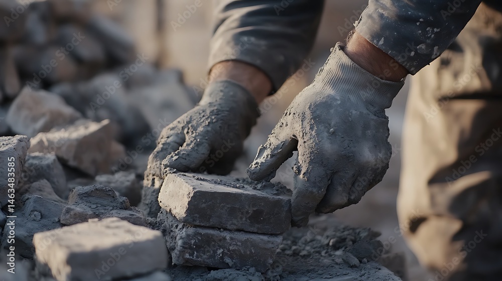 Fototapeta premium Construction Worker Handling Concrete Blocks