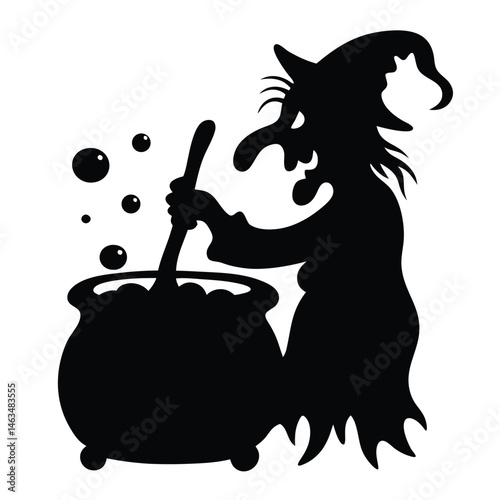 Cartoon Halloween witch woman with broom, hat, and pot silhouette vector illustration design