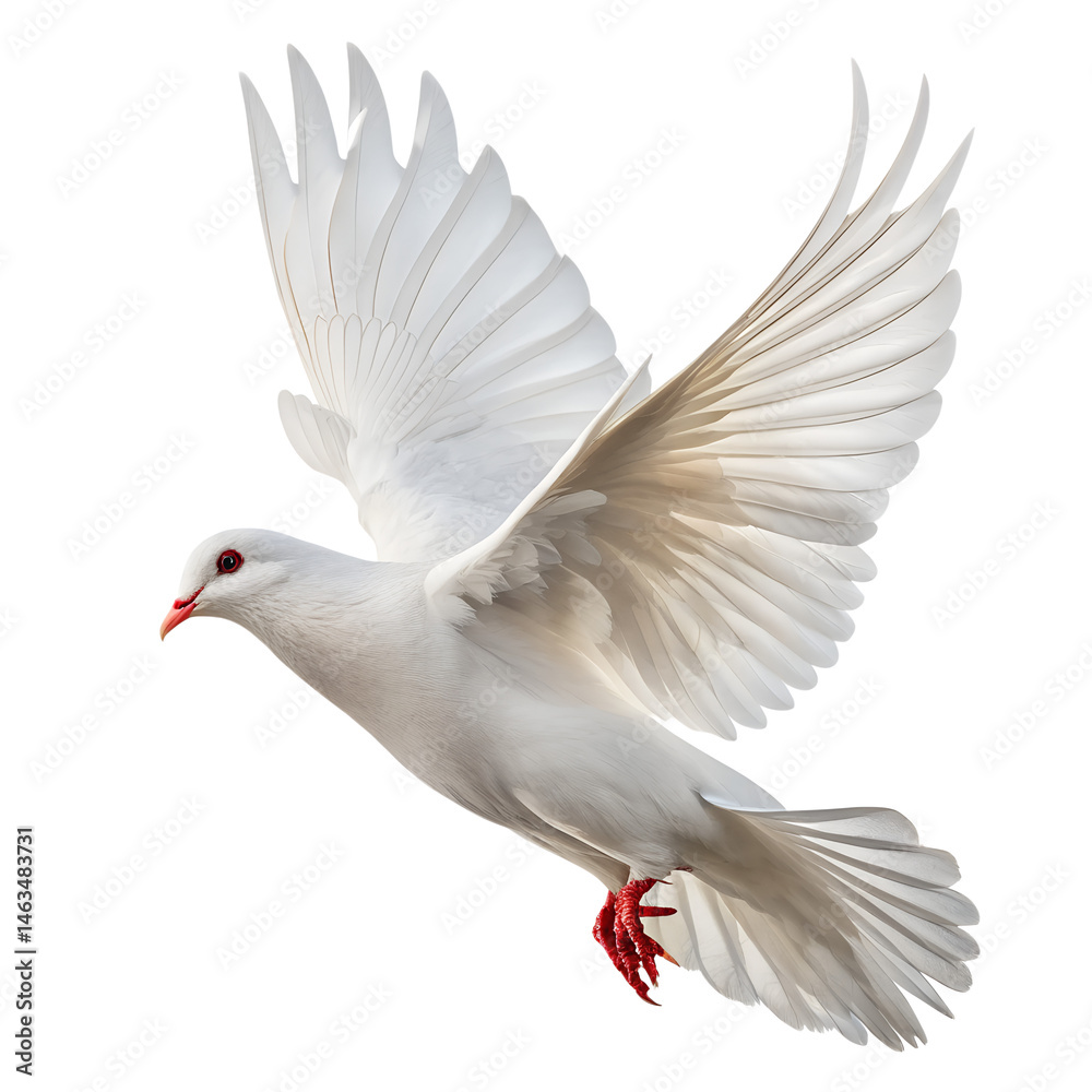 Fototapeta premium White Dove in Flight with Red Beak and Feet on White Background