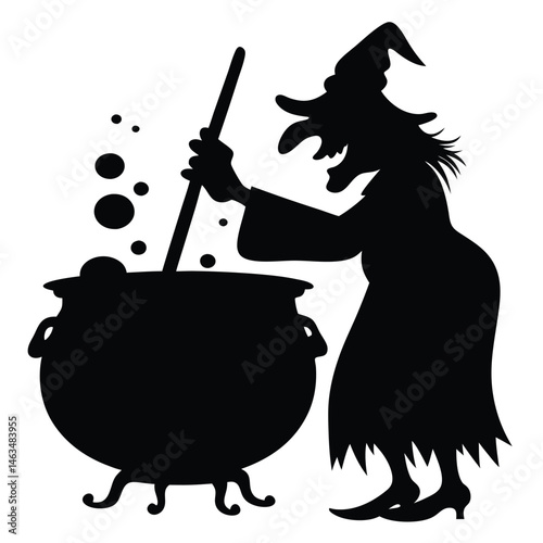 Cartoon Halloween witch woman with broom, hat, and pot silhouette vector illustration design