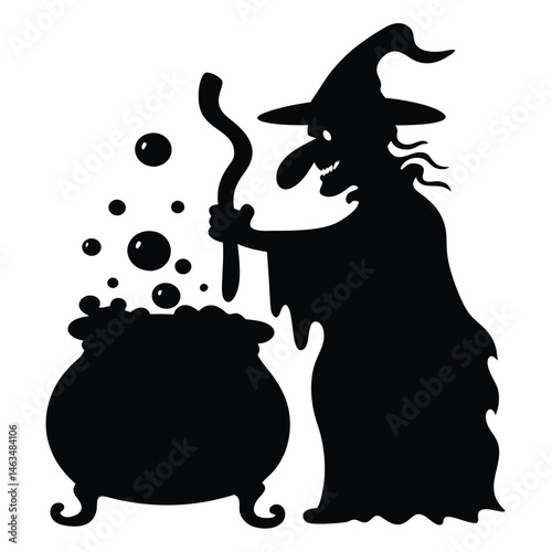 Cartoon Halloween witch woman with broom, hat, and pot silhouette vector illustration design