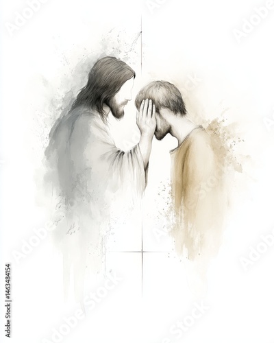 Watercolor painting of Jesus healing a blind man.