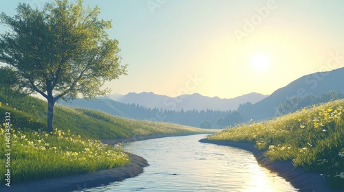 Sunlit meadow with meandering river and distant mountains landscape