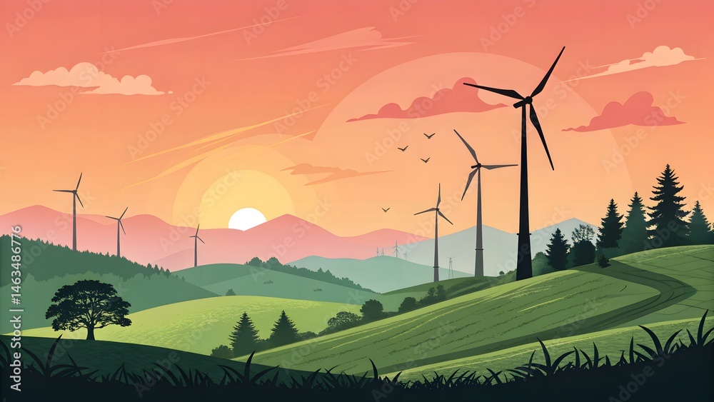 Fototapeta premium Artistic silhouette of wind turbines set against a vibrant sunrise, emphasizing the beauty of eco-friendly energy solutions within natural environments.