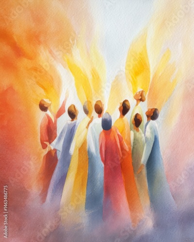 Watercolor painting of the Holy Spirit in the form of fire above a group of people.	