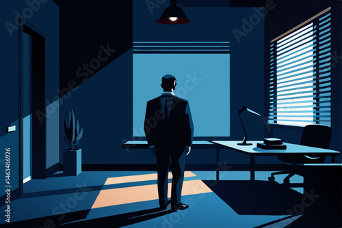 moody noir office with shadows  blinds  and dramat