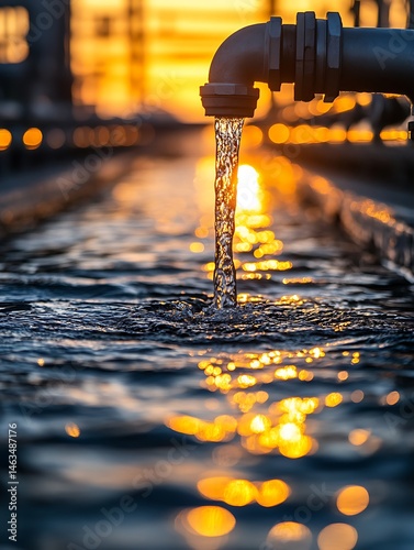 Water flowing from pipe at sunset