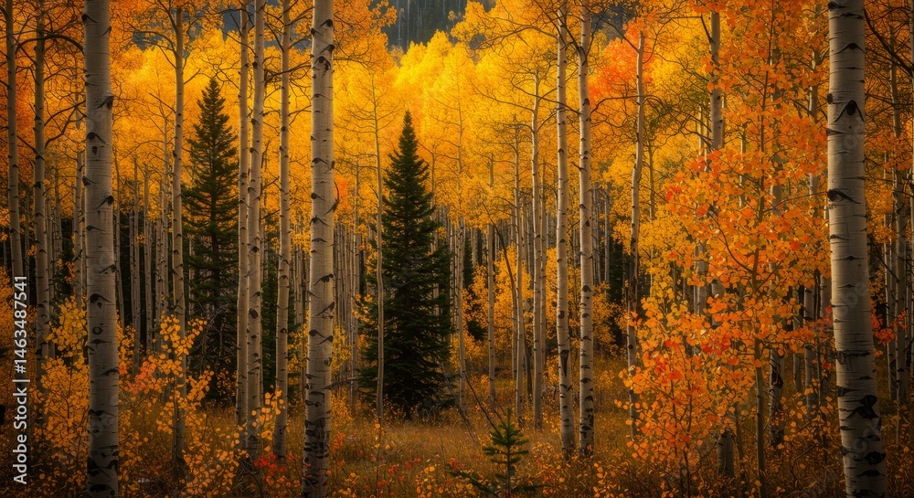 Fototapeta premium Autumn Aspen Grove - Vibrant golden aspen trees fill a forest scene, with a dark evergreen tree standing tall in the center. Autumn foliage creates a stunning natural backdrop