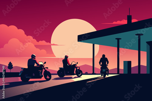motorcycle gang meeting at a gas station under