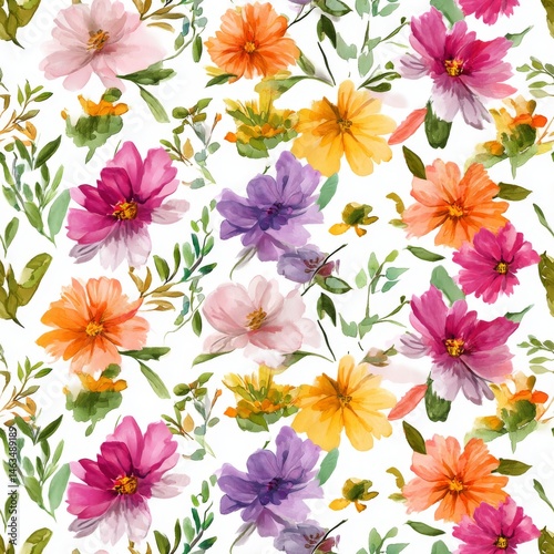 Watercolor painting of pink, yellow, orange and purple flowers.	