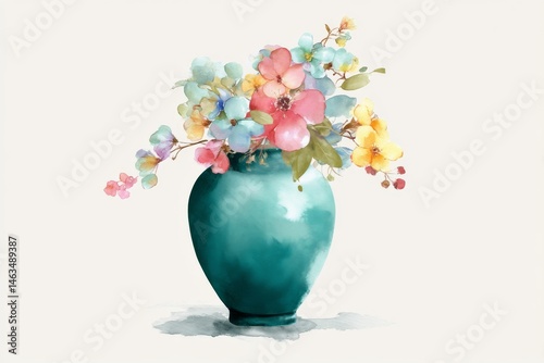 Watercolor teal vase with flowers.