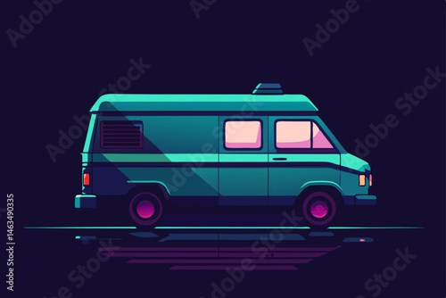mysterious van covered in neon symbols parked 