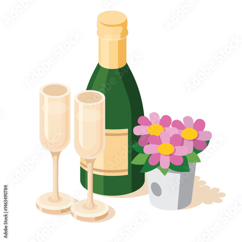 Isometric champagne bottle with two glasses and pink flowers in bucket. Objects isolated on white background. Elements for greeting cards. Valentine's day.