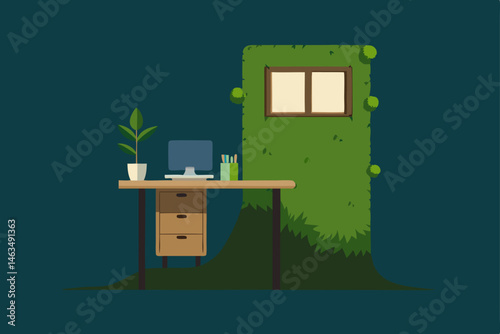 nature integrated office with tree trunk desk 