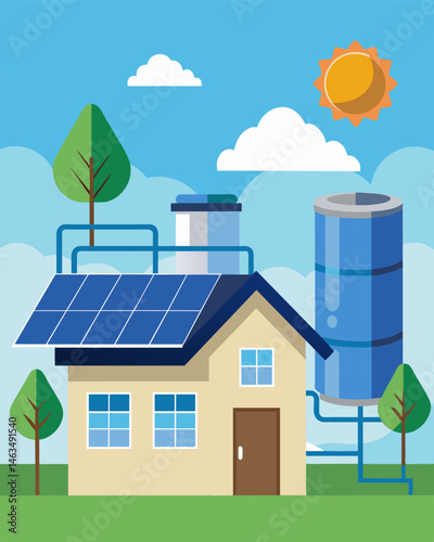 Solar panels on a rooftop powering a water purification system in a residential building reducing dependence on bottled water.. Vector illustration