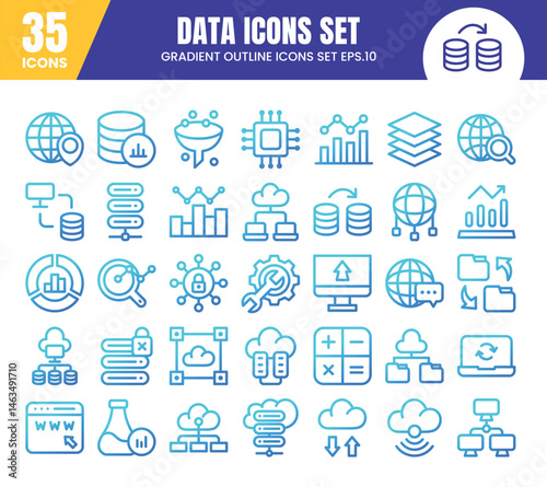Database gradient outline icons set.Data analysis, statistics, analytics web signs collection.