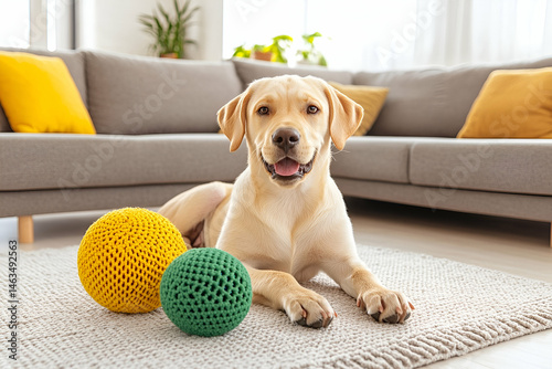 Happy Yellow Labrador Retriever Lying on Carpet with Knitted Toys