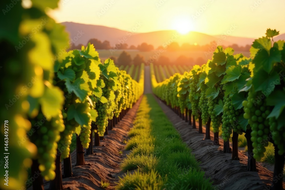 Fototapeta premium Golden hour sunlight bathes rows of lush California grapes, ready for harvest Vineyard landscape, agricultural scene , fertile land, scenery, agriculture