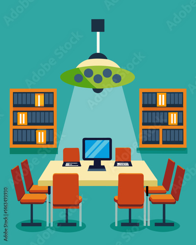 The librarys conference room equipped with solarpowered projectors and audio systems perfect for hosting environmentallyfriendly meetings and presentations.. Vector illustration