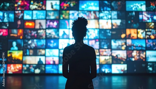 A person stands in silhouette, gazing at a vibrant wall of screens displaying various images and colors, creating a dynamic visual experience