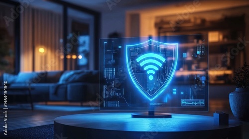 A shield-shaped holographic firewall protecting a home WiFi network