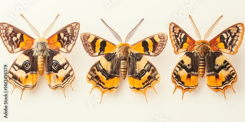 Three moths insect on white backdrop