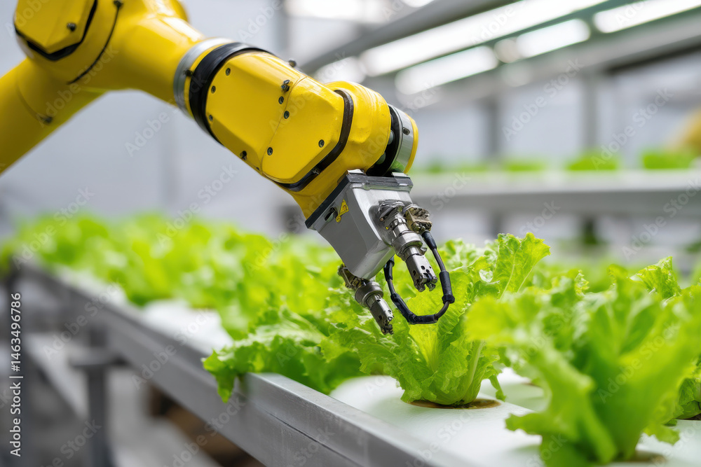 Automatic Agricultural Technology With Close-up View Of Robotic Arm Harvesting Lettuce In Vertical Hydroponic Plant