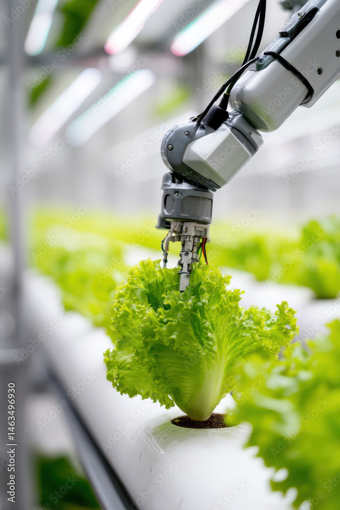 Automatic Agricultural Technology With Close-up View Of Robotic Arm Harvesting Lettuce In Vertical Hydroponic Plant