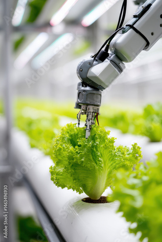 Obraz na płótnie Automatic Agricultural Technology With Close-up View Of Robotic Arm Harvesting Lettuce In Vertical Hydroponic Plant w salonie