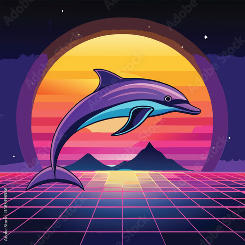 Vector cartoon illustration of a blue dolphin jumping out of the ocean wave, an aquatic mammal in nature, marine life design